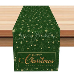 Lofaris Elegant Green and Gold Christmas Table Runner Merry with Trees Holiday Dining Decor