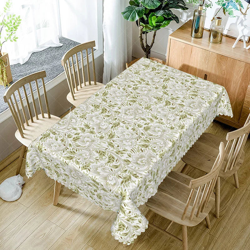 Lofaris Elegant Green Botanical Rectangle Tablecloth Beige Paisley Inspired Print Farmhouse Kitchen Dining Decor
