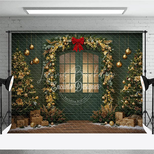 Lofaris Elegant Green Christmas Door Photography Backdrop Gold Garland Arch in Snow Holiday Mini Session Background