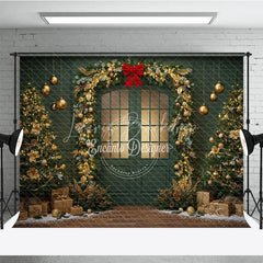 Lofaris Elegant Green Christmas Door Photography Backdrop Gold Garland Arch in Snow Holiday Mini Session Background