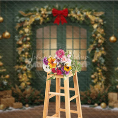 Lofaris Elegant Green Christmas Door Photography Backdrop Gold Garland Arch in Snow Holiday Mini Session Background