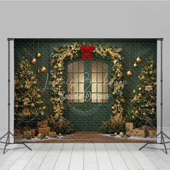 Lofaris Elegant Green Christmas Door Photography Backdrop Gold Garland Arch in Snow Holiday Mini Session Background