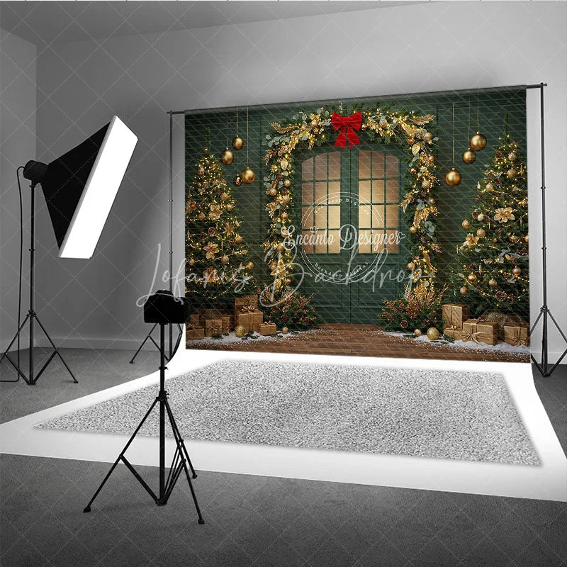 Lofaris Elegant Green Christmas Door Photography Backdrop Gold Garland Arch in Snow Holiday Mini Session Background
