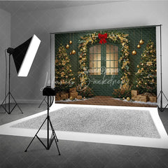Lofaris Elegant Green Christmas Door Photography Backdrop Gold Garland Arch in Snow Holiday Mini Session Background