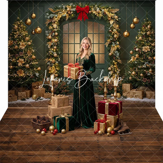Lofaris Elegant Green Christmas Door with Golden Garland and Decorated Trees Combo Set Backdrop Festive Holiday Party Decor