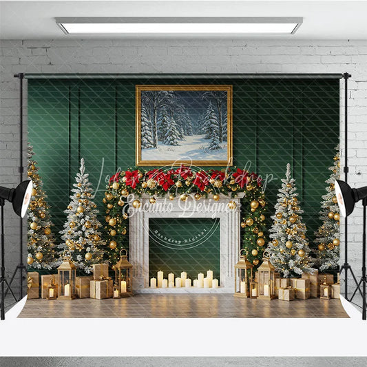 Lofaris Elegant Green Christmas Fireplace Photography Backdrop Flocked Trees with Gold Garland Holiday Photo Background
