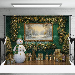 Lofaris Elegant Green Christmas Photography Backdrop Lighted Snowman with Gold Garland Holiday Mini Session Background