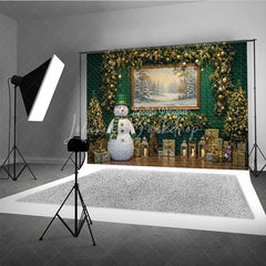 Lofaris Elegant Green Christmas Photography Backdrop Lighted Snowman with Gold Garland Holiday Mini Session Background