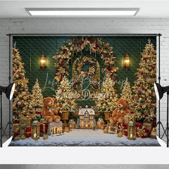 Lofaris Elegant Green Christmas Photography Backdrop Teddy Bears and a Miniature Village Holiday Mini Session Background