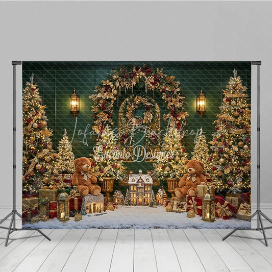 Lofaris Elegant Green Christmas Photography Backdrop Teddy Bears and a Miniature Village Holiday Mini Session Background