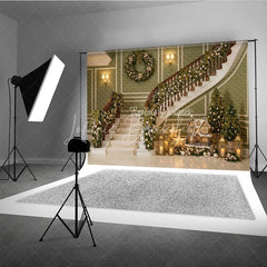 Lofaris Elegant Green Christmas Staircase Holiday Backdrop with Festive Garlands and Wreath Winter Decor