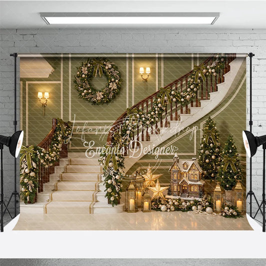Lofaris Elegant Green Christmas Staircase Holiday Backdrop with Festive Garlands and Wreath Winter Decor