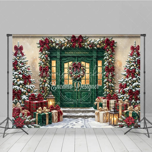 Lofaris Elegant Green Door Christmas Holiday Backdrop featuring Snow Covered Trees Red Bows and Wrapped Gifts Decor