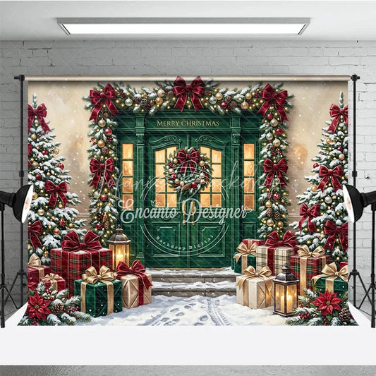 Lofaris Elegant Green Door Christmas Holiday Backdrop featuring Snow Covered Trees Red Bows and Wrapped Gifts Decor