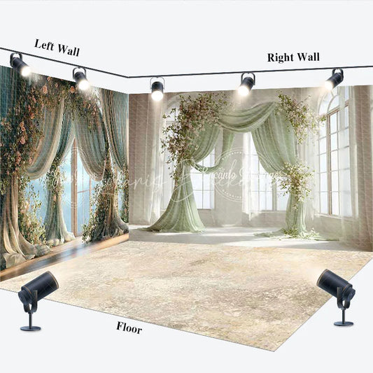 Lofaris Elegant Green Drapes and Floral Garlands Room Set Backdrop Romantic Wedding Party Photography Decor