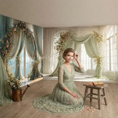 Lofaris Elegant Green Drapes and Floral Garlands Room Set Backdrop Romantic Wedding Party Photography Decor