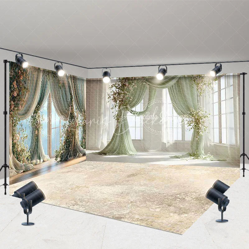 Lofaris Elegant Green Drapes and Floral Garlands Room Set Backdrop Romantic Wedding Party Photography Decor