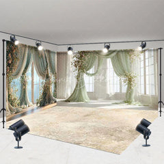 Lofaris Elegant Green Drapes and Floral Garlands Room Set Backdrop Romantic Wedding Party Photography Decor
