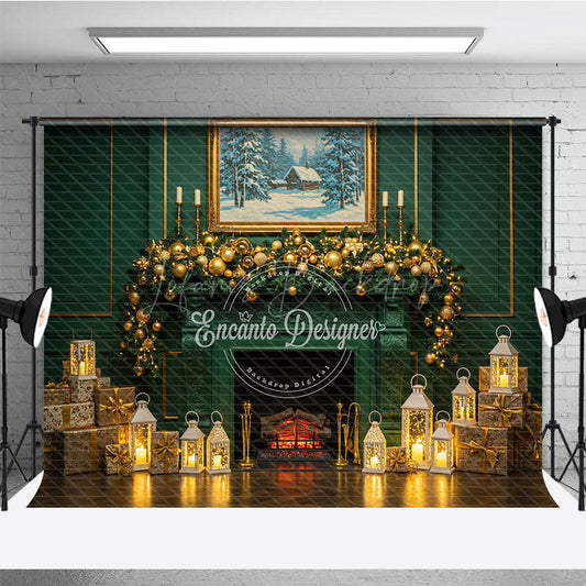 Lofaris Elegant Green Fireplace Photography Backdrop Gold Garland and Lanterns Luxury Christmas Photo Background