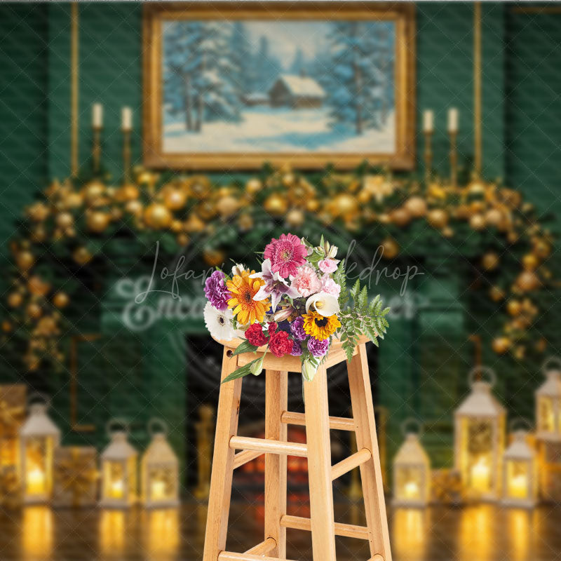 Lofaris Elegant Green Fireplace Photography Backdrop Gold Garland and Lanterns Luxury Christmas Photo Background