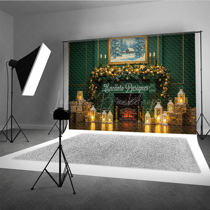Lofaris Elegant Green Fireplace Photography Backdrop Gold Garland and Lanterns Luxury Christmas Photo Background