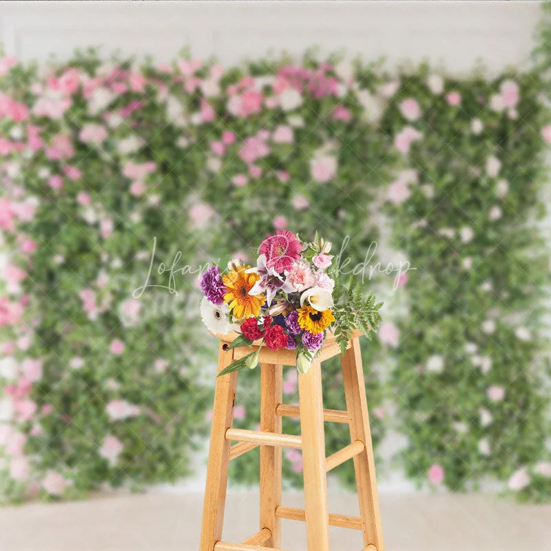 Lofaris Elegant Green Foliage and Pink White Roses Photography Backdrop Romantic Floral Wall Decor for Events