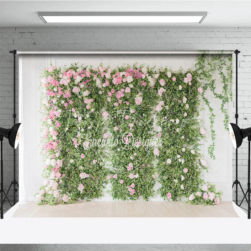 Lofaris Elegant Green Foliage and Pink White Roses Photography Backdrop Romantic Floral Wall Decor for Events