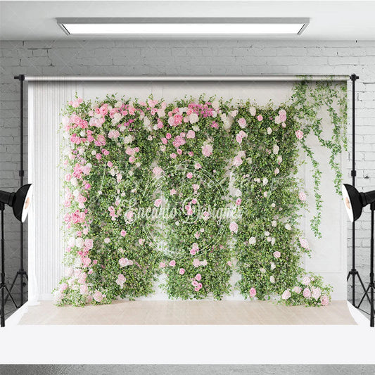 Lofaris Elegant Green Foliage and Pink White Roses Photography Backdrop Romantic Floral Wall Decor for Events