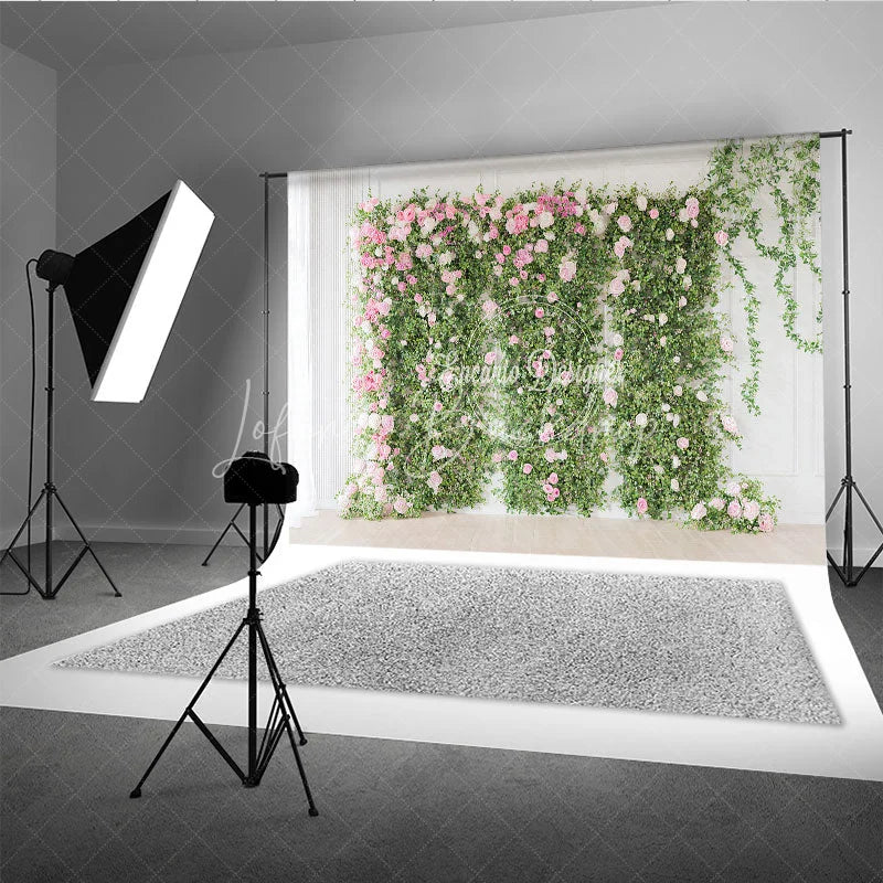 Lofaris Elegant Green Foliage and Pink White Roses Photography Backdrop Romantic Floral Wall Decor for Events