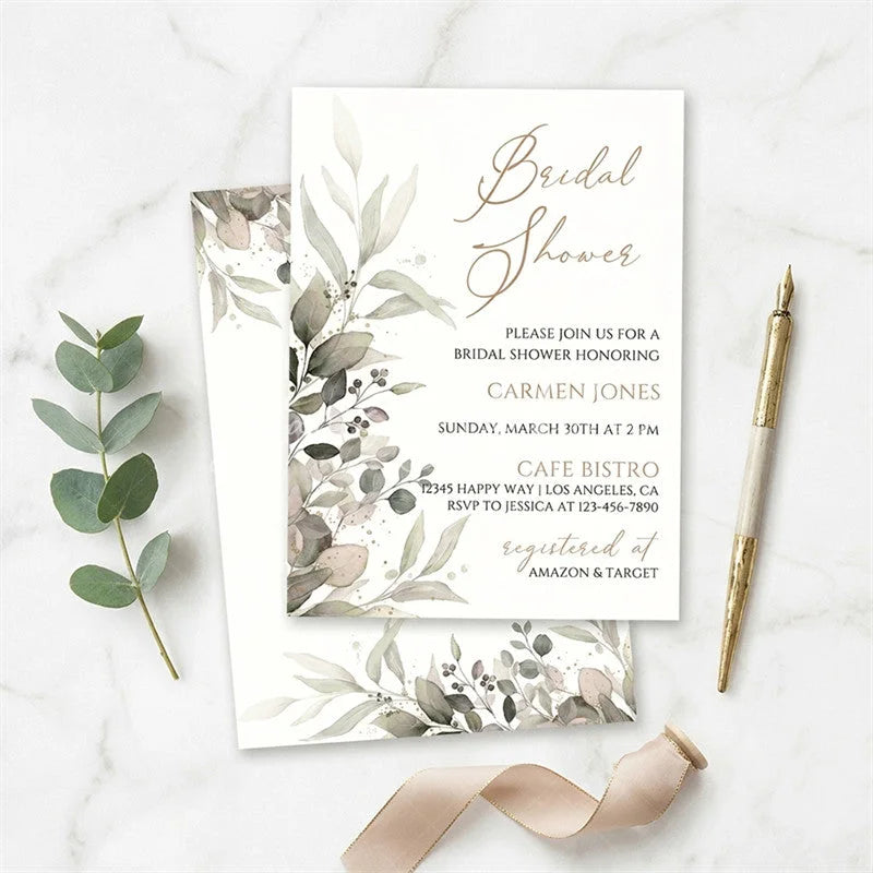 Lofaris Elegant Greenery and Gold Leaves Custom Invitation Bridal Shower Party Supplies for Bride