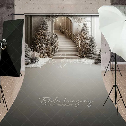 Lofaris Elegant Grey Staircase Sweep Backdrop Frosted Pine Trees Luxury Interior Floor Photo Background