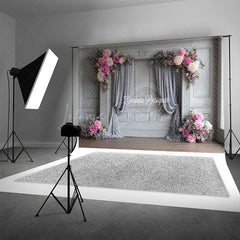 Lofaris Elegant Grey Wall Photography Backdrop with Pink Peonies Classical Drapes Wedding Photo Background
