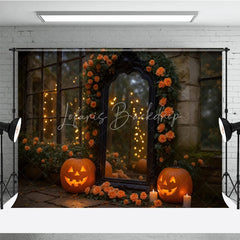 Lofaris Elegant Halloween Photography Backdrop with Ornate Mirror Jack-o’-Lanterns and Orange Roses Spooky Gothic Garden