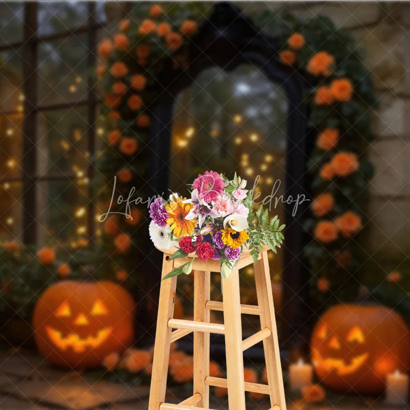 Lofaris Elegant Halloween Photography Backdrop with Ornate Mirror Jack-o’-Lanterns and Orange Roses Spooky Gothic Garden