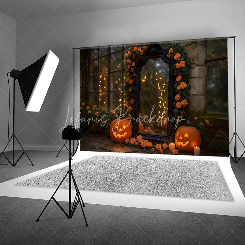 Lofaris Elegant Halloween Photography Backdrop with Ornate Mirror Jack-o’-Lanterns and Orange Roses Spooky Gothic Garden