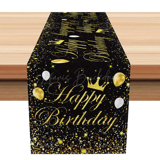Lofaris Elegant Happy Birthday Table Runner with Black and Gold Glitter for Adult Milestone Party Decor