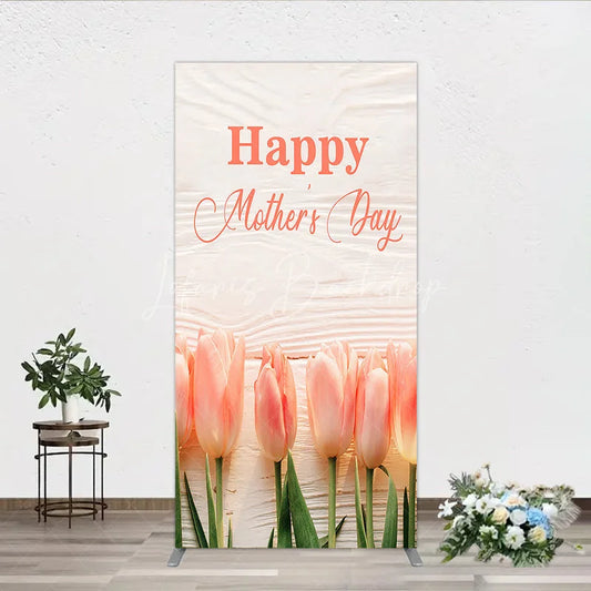 Lofaris Elegant Happy Mother’s Day Rectangle Arch Backdrop with Soft Pink Tulips and Rustic White Wood Texture