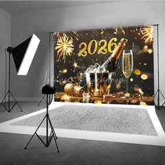 Lofaris Elegant Happy New Year 2026 Backdrop with Champagne and Fireworks Black Gold Glitter NYE Party Photo Booth