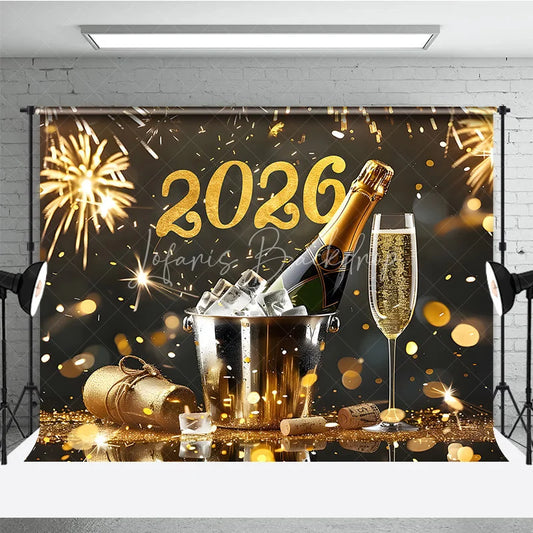 Lofaris Elegant Happy New Year 2026 Backdrop with Champagne and Fireworks Black Gold Glitter NYE Party Photo Booth