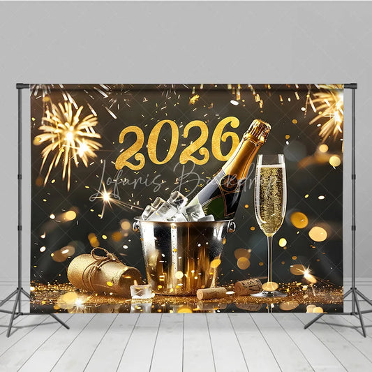 Lofaris Elegant Happy New Year 2026 Backdrop with Champagne and Fireworks Black Gold Glitter NYE Party Photo Booth