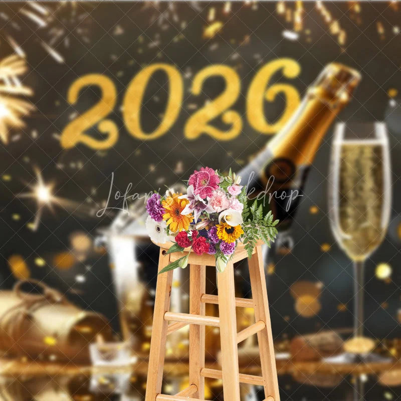 Lofaris Elegant Happy New Year 2026 Backdrop with Champagne and Fireworks Black Gold Glitter NYE Party Photo Booth