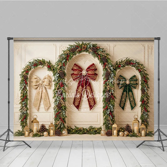 Lofaris Elegant Holiday Backdrop with Festive Garlands Ornate Bows and Golden Lanterns for Christmas Party Decor