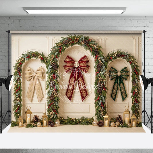 Lofaris Elegant Holiday Backdrop with Festive Garlands Ornate Bows and Golden Lanterns for Christmas Party Decor