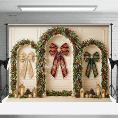 Lofaris Elegant Holiday Backdrop with Festive Garlands Ornate Bows and Golden Lanterns for Christmas Party Decor