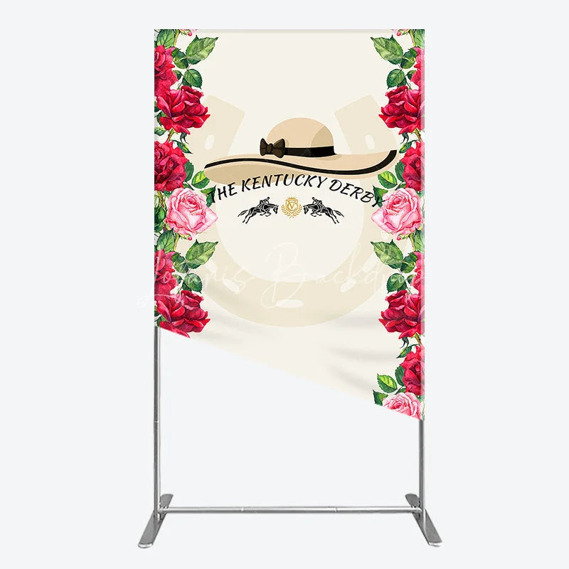Lofaris Elegant Horse Racing Party Rectangle Arch Backdrop featuring a Chic Hat and Vibrant Red Pink Roses