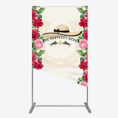 Lofaris Elegant Horse Racing Party Rectangle Arch Backdrop featuring a Chic Hat and Vibrant Red Pink Roses