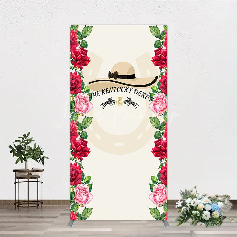 Lofaris Elegant Horse Racing Party Rectangle Arch Backdrop featuring a Chic Hat and Vibrant Red Pink Roses