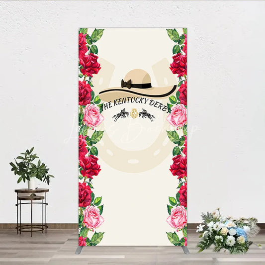 Lofaris Elegant Horse Racing Party Rectangle Arch Backdrop featuring a Chic Hat and Vibrant Red Pink Roses