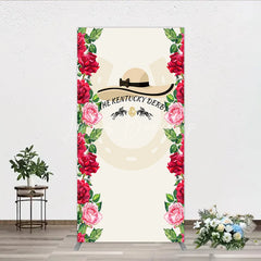 Lofaris Elegant Horse Racing Party Rectangle Arch Backdrop featuring a Chic Hat and Vibrant Red Pink Roses