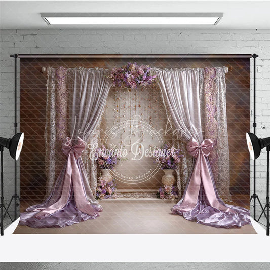 Lofaris Elegant Lavender and Pink Draped Curtains Photography Backdrop Romantic Floral Archway with Crystal Strings